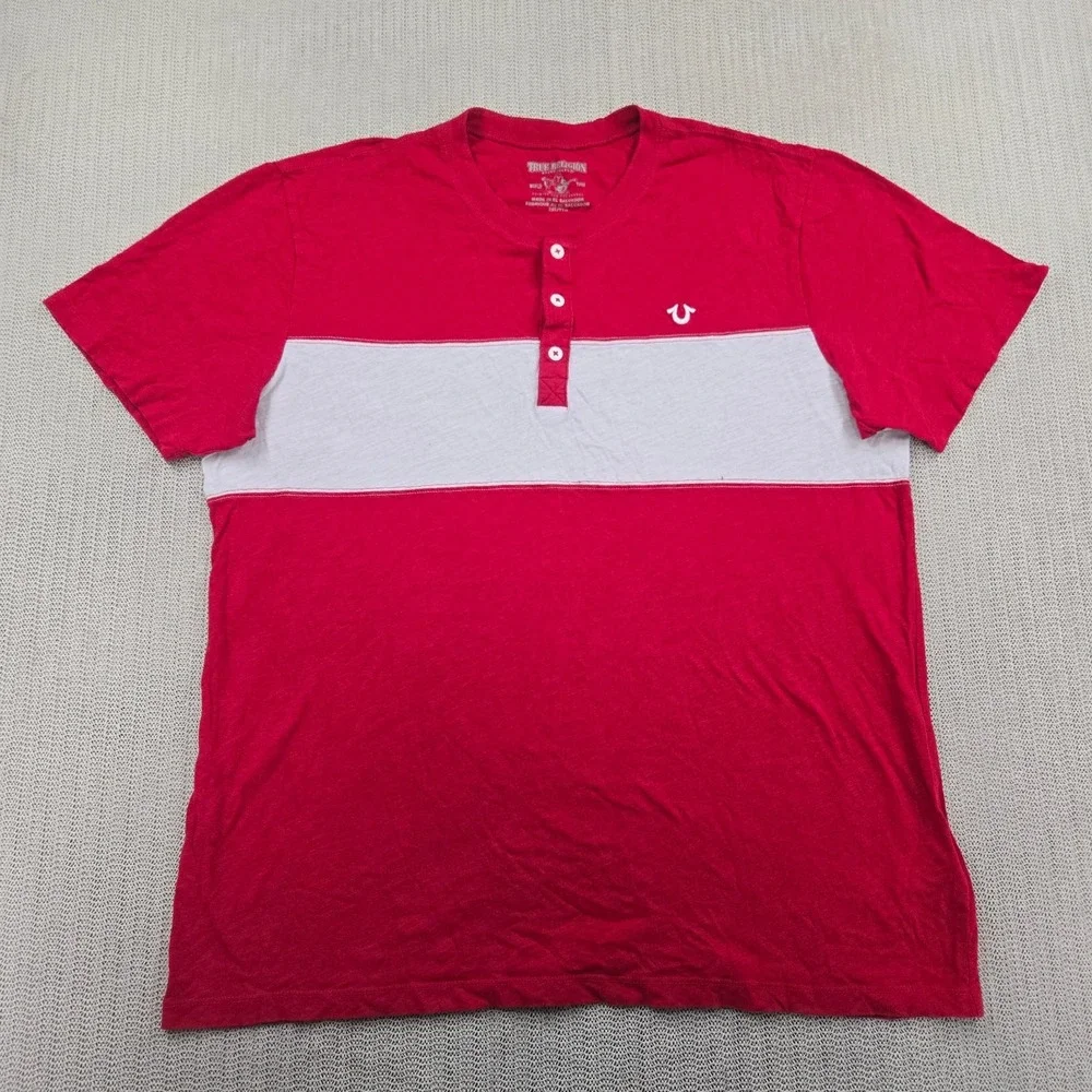 True Religion Shirt Mens 2XL Red White Henley Logo Short Sleeve Tee Horseshoe
